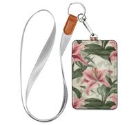 Lily Beauty - Porta badge verticale in pelle con motivo floreale estivo, con cordino e custodia per 3 carte di credito, per ufficio, ospedale e patente di guida