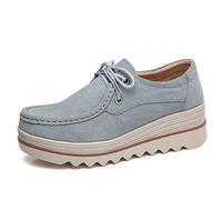 LILY999 Mocassini Donna in Pelle Scamosciata Moda Comode Loafers Scarpe da Guida con Zeppa Plateau 5cm Nero Blu Cachi(Blu grigio1,34 EU)