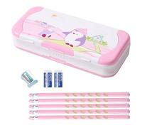 LilyBeauty Astuccio in plastica rigida con materiale scolastico, grazioso astuccio per studenti include 5 matite, 2 gomme, temperamatite, set di righelli e portapenne, regalo per il ritorno a scuola