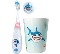 Lily's Home Spazzolino da denti per bambini con timer lampeggiante, tazza e coperchio per spazzolino da denti, incoraggia i bambini a lavarsi i denti (squalo)