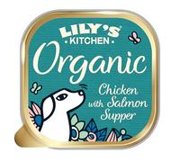 Lily's Kitchen Cibo umido biologico per cani - Pollo con salmone (11 x 150 g), ricetta senza cereali, ingredienti naturali, carne preparata fresca, per cani adulti