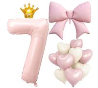 LilyZheng Set di palloncini in lamina rosa pastello con numero 7 con corona dorata, fiocco, rosa e crema a forma di cuore palloncini per ragazze decorazioni per feste di 7° compleanno