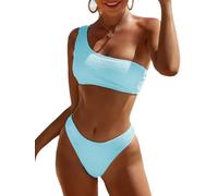 Limeeke Costume da Bagno da Donna Monospalla a Coste Strutturato a Due Pezzi Costume da Bagno sfacciato Taglio Alto, Cielo Blu, M
