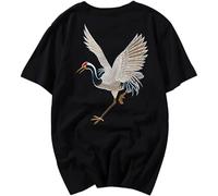 Limeiren Japanese Streetwear Summer Embroidered Crane Graphic Unisex 100% Cotton Short-Sleeve T-Shirts Black M