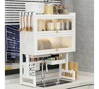 LIMENQIN Scolapiatti da Appendere sopra Il Lavello con Porta in Acrilico, Scolapiatti in Metallo, Ripiano Multifunzionale da Cucina, per Piatti, Ciotole, Posate(White 2 Tier,75cm/29.5in)