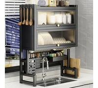 LIMENQIN Scolapiatti da Appendere sopra Il Lavello con Porta in Acrilico, Scolapiatti in Metallo, Ripiano Multifunzionale da Cucina, per Piatti, Ciotole, Posate(Black 2 Tier,75cm/29.5in)