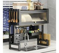 LIMENQIN Scolapiatti da Appendere sopra Il Lavello con Porta in Acrilico, Scolapiatti in Metallo, Ripiano Multifunzionale da Cucina, per Piatti, Ciotole, Posate(Black 1 Tier,85cm/33.4in)