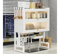 LIMENQIN Scolapiatti da Appendere sopra Il Lavello, Ripiano Metallico a 3 Livelli con Copertura, Organizzazione del Piano di Lavoro della Cucina, Ante in Acrilico(White,75cm/29.5in)