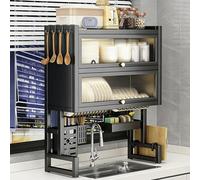 LIMENQIN Scolapiatti da Appendere sopra Il Lavello, Ripiano Metallico a 3 Livelli con Copertura, Organizzazione del Piano di Lavoro della Cucina, Ante in Acrilico(Black,75cm/29.5in)