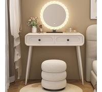 LIMENQIN Set da Postazione Trucco, Toletta Trucco Moderno, Tavolo da Toeletta con Specchio e Luci, Scrivania in Legno con Sgabello, 2 Cassetti(White,100cm/39.3in)