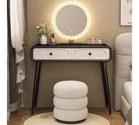 LIMENQIN Set da Postazione Trucco, Toletta Trucco Moderno, Tavolo da Toeletta con Specchio e Luci, Scrivania in Legno con Sgabello, 2 Cassetti(Black,100cm/39.3in)