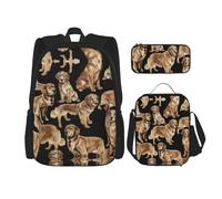 LimPac Golden Retrievers - Set con zaino, portapranzo e astuccio per matite, per viaggi universitari casual, nero, Taglia unica