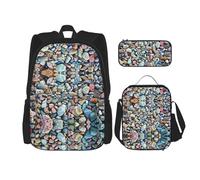 LimPac Set con zaino con stampa con motivo a pietre, zaino portapranzo e astuccio per matite, per viaggi universitari casual, nero, Taglia unica