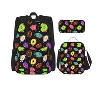 LimPac Set di zainetto con stampa a ciambella, zaino portapranzo e astuccio combinato, per viaggi universitari casual, nero, Taglia unica