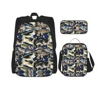 LimPac Set di zaino con stampa a forma di pesce, zaino portapranzo e astuccio per matite, per viaggi universitari casual, nero, Taglia unica
