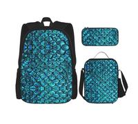 LimPac Set di zaino con stampa di squame di pesce, zaino portapranzo e astuccio per matite, per viaggi universitari casual, nero, Taglia unica