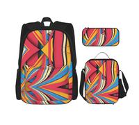 LimPac Set zaino con stampa a righe colorate, zaino portapranzo e astuccio per matite combinate per viaggi universitari casual, nero, Taglia unica