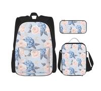 LimPac Set zaino con stampa a righe e fiori, con zaino, portapranzo e astuccio combinato, per viaggi universitari casual, nero, Taglia unica