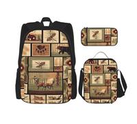 LimPac Set zaino con stampa di animali selvatici, zaino portapranzo e astuccio combinato, per viaggi universitari casual, nero, Taglia unica