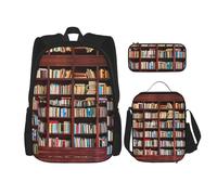 LimPac Set zaino con stampa di libri, zaino portapranzo e astuccio combinato, per viaggi universitari casual, nero, Taglia unica