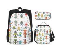 LimPac Set zaino con stampa di robot dei cartoni animati, zaino portapranzo e astuccio per matite, per viaggi universitari casual, nero, Taglia unica