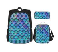 LimPac Set zaino da giorno con stampa di squame di pesce color foglia di tè, zaino portapranzo e astuccio per matite, per viaggi universitari casual, nero, Taglia unica