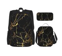 LimPac Set zaino nero con stampa marmorizzata, zaino portapranzo e astuccio per matite, per viaggi universitari casual, nero, Taglia unica