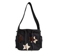Limtula Borsa a tracolla in tela con stella per ragazza studentessa versatile scuola vintage grande capacità messenger borsa per la spesa alla moda, Nero , One Size