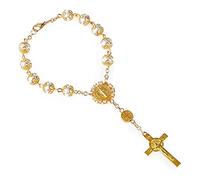 Limtula Bracciali in metallo da donna Perline tono argento con catena e croce in argento| Un decennio rosario automatico perline braccialetto cattolico braccialetto cattolico santi pannello