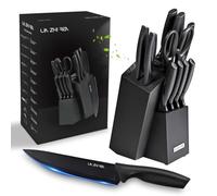 LIN ZHI REN Set di coltelli 13 pezzi, set di coltelli da cucina con blocco, affilatoio incorporato, impugnatura ergonomica, lavabile in lavastoviglie, nero