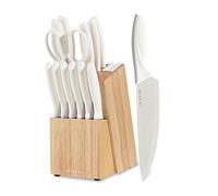 LIN ZHI REN Set di coltelli con ceppo, set di 15 coltelli da cucina, coltelli da cucina per tritare, affettare, tagliare a dadini, lavabili in lavastoviglie, affilatore integrato, bianco