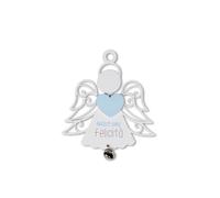 LINA OFFICINE GRAFICHE CREATIVE Angelo da Appendere Decorativo in Legno, Bianco con Cuore Azzurro e Campanellino Argentato, 12 x 10,5 cm, Angelo della Felicità