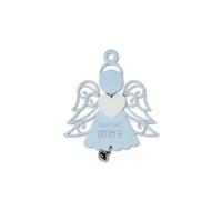 LINA OFFICINE GRAFICHE CREATIVE Angelo da Appendere in Legno, Azzurro con Cuore Bianco e Campanellino Argento, 12 x 10,5 cm, Design Traforato, Tema Amore