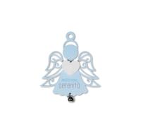 LINA OFFICINE GRAFICHE CREATIVE Angelo da Appendere in Legno e Metallo, Azzurro con Cuore Bianco e Campanellino Argento, 12 x 10,5 cm, Design Traforato, Idea Regalo