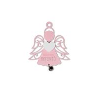 LINA OFFICINE GRAFICHE CREATIVE Angelo da Appendere in Legno, Rosa con Cuore Bianco e Campanellino Argento, 12 x 10,5 cm, Design Traforato