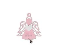 LINA OFFICINE GRAFICHE CREATIVE Angelo dell'Amore da Appendere in Legno, Rosa con Cuore Bianco e Campanellino, 12 x 10,5 cm