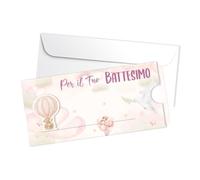 LINA OFFICINE GRAFICHE CREATIVE Biglietto Battesimo Scorrevole con Mongolfiera, 22 x 11 cm, Design Elegante in Celeste e Bianco, con Busta