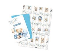 LINA OFFICINE GRAFICHE CREATIVE Set Battesimo Biglietto e Carta da Regalo, Orsetto Blu, 16x12 cm e 100x70 cm
