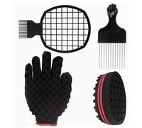 LinaLife Set di 4 spugne per capelli afro e pettine, per riccioli uomo/donna, barbiere e styling personale, set con guanto, spazzola in metallo e pettine a torsione