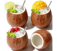 LINALL Confezione da 4 tazze Tiki in ceramica da 500 ml, bicchieri da cocktail hawaiani al cocco per Mai Tai e Pina Colada, bicchieri Tiki durevoli, set perfetto per feste e regali