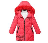 linboo Giacca invernale da ragazza con cappuccio in pelliccia rimovibile, caldo cappotto lungo per bambini, parka per attività all'aperto, con lettere e simpatici motivi, Colore: rosso, 150
