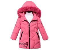 linboo Giacca invernale da ragazza con cappuccio in pelliccia rimovibile, caldo cappotto lungo per bambini, parka per attività all'aperto, con lettere e simpatici motivi, Colore: rosa., 140-146