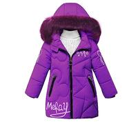 linboo Giacca invernale da ragazza con cappuccio in pelliccia rimovibile, caldo cappotto lungo per bambini, parka per attività all'aperto, con lettere e simpatici motivi, Lilla, 130