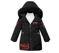 linboo Giacca invernale da ragazza con cappuccio in pelliccia rimovibile, caldo cappotto lungo per bambini, parka per attività all'aperto, con lettere e simpatici motivi, Nero , 140-146