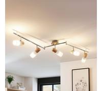 Lindby Faretto da soffitto Christoph, 130 cm, a 4 luci, legno, vetro LINDBY