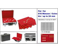 Lindner 2338-616 valigetta monete ALU Nero 8 Tableaux Rosso 24mm per 616 Monete
