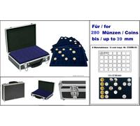 LINDNER 2338M-280 Valigetta Monete ALU NERA 8 TAVOLE BLU 39mm Per 280 Monete