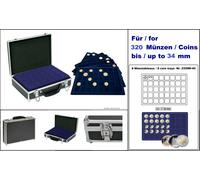 LINDNER 2338M-320 Valigetta Monete ALU NERA 8 TAVOLE BLU 34mm Per 320 Monete