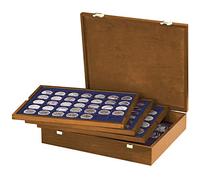 LINDNER Das Original Cassetta portamonete in vero legno con 4 tabelle blu per 127 monete di diversi diametri