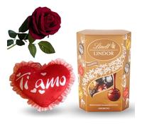 Lindt Lindor Regalo Festa Della Mamma 2024 - Cuore Cuscino "Ti Amo"+ Lindt Assortiti 337gr + Rosa artificiale
